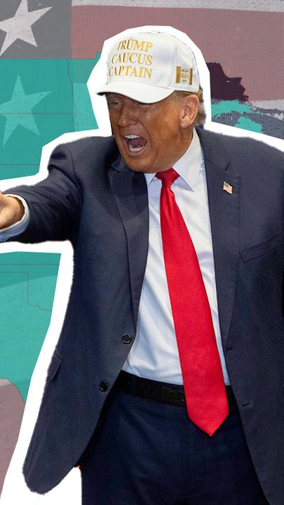 US-Karte und -Flagge im Hintergrund, Donald Trump im Vordergrund