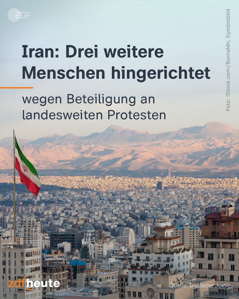Eine iranische Flagge und die Stadt Teheran sind im Hintergrund des Bildes zu sehen.