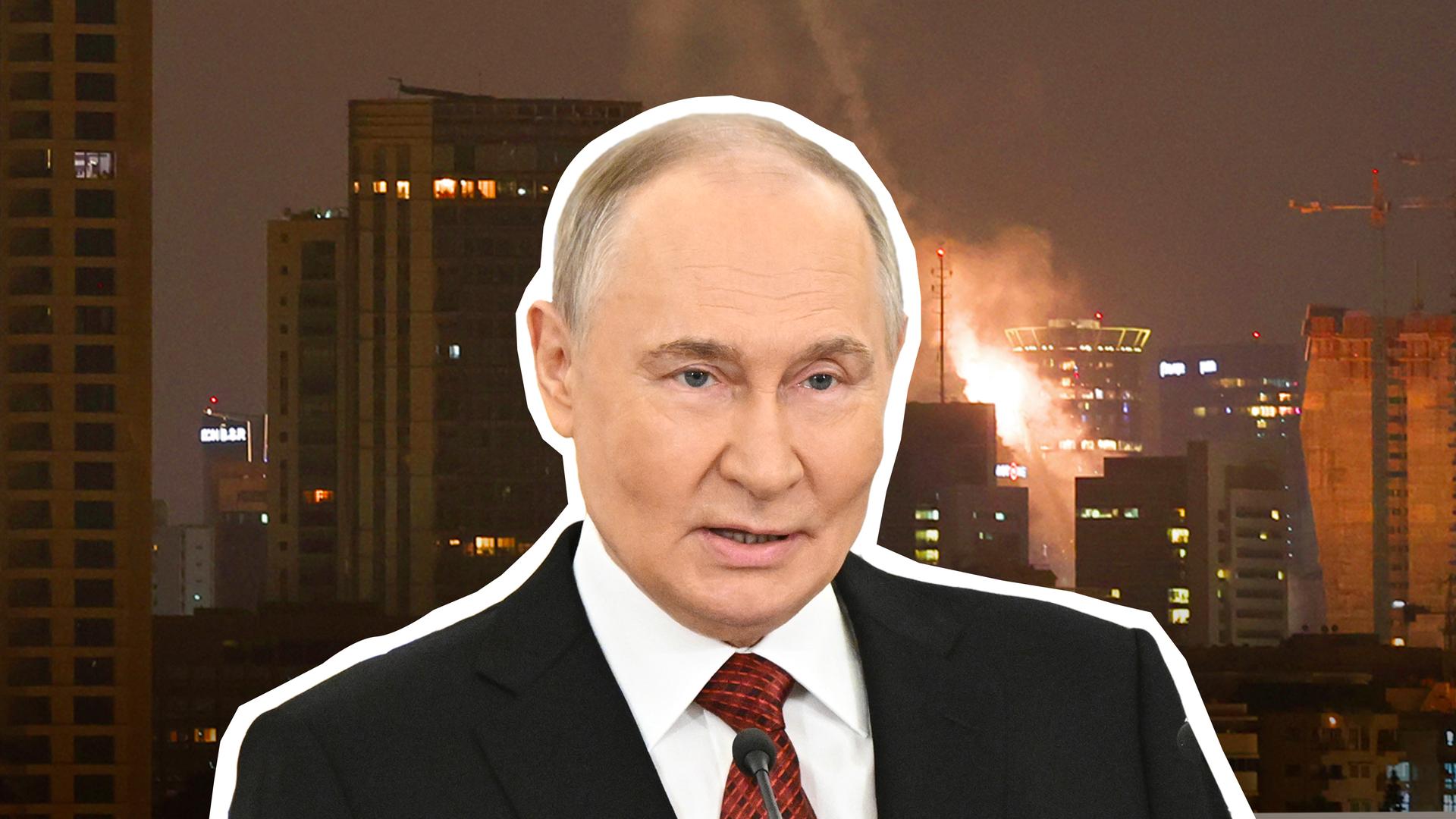 Vladimir Putin vor einem Bild eines Raketenangriffs 