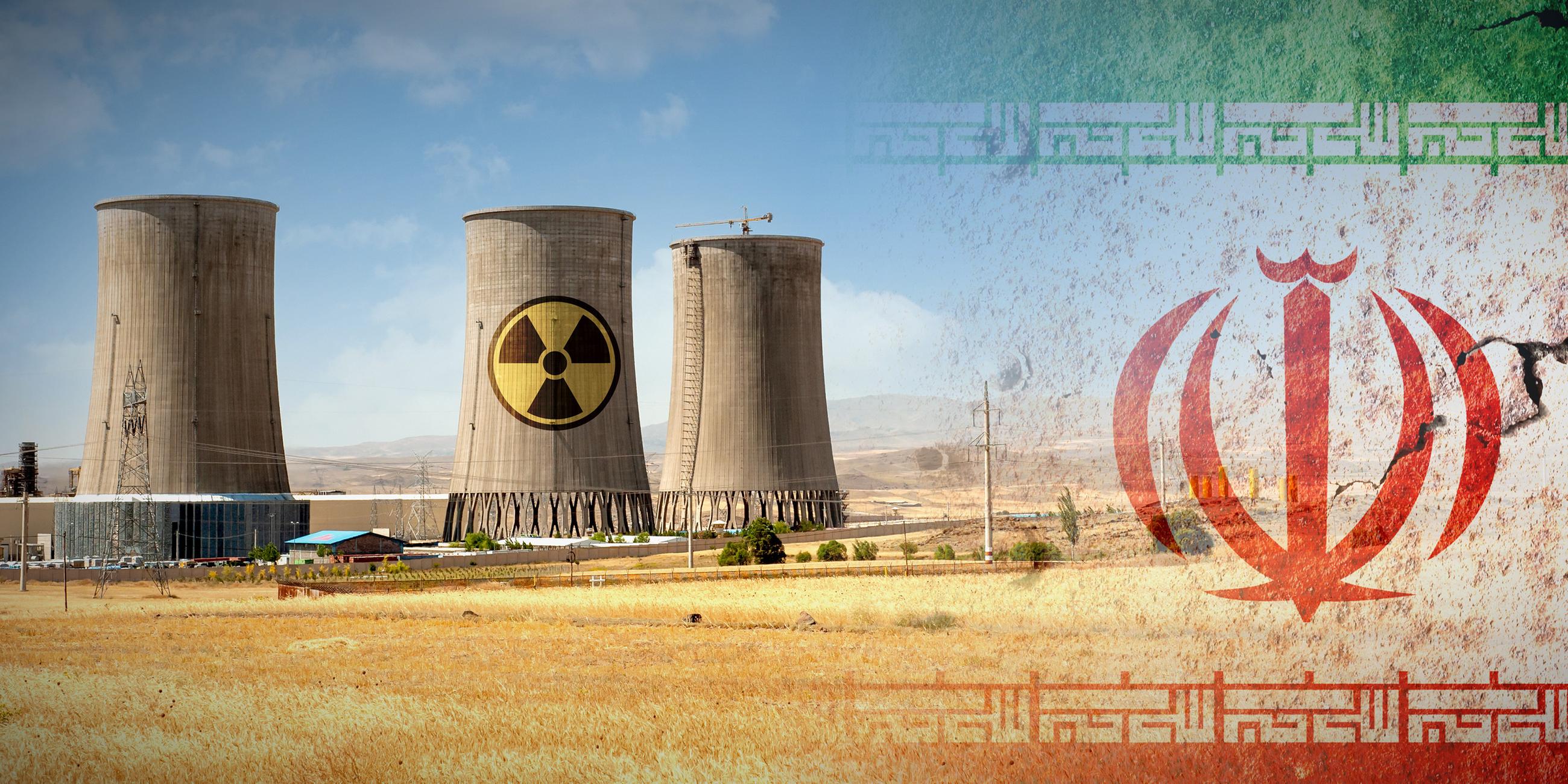 Montage: Rechts die Flagge des Iran, links ein Kraftwerk im Iran, darauf das Zeichen für Atomkraft/Radioaktivität.