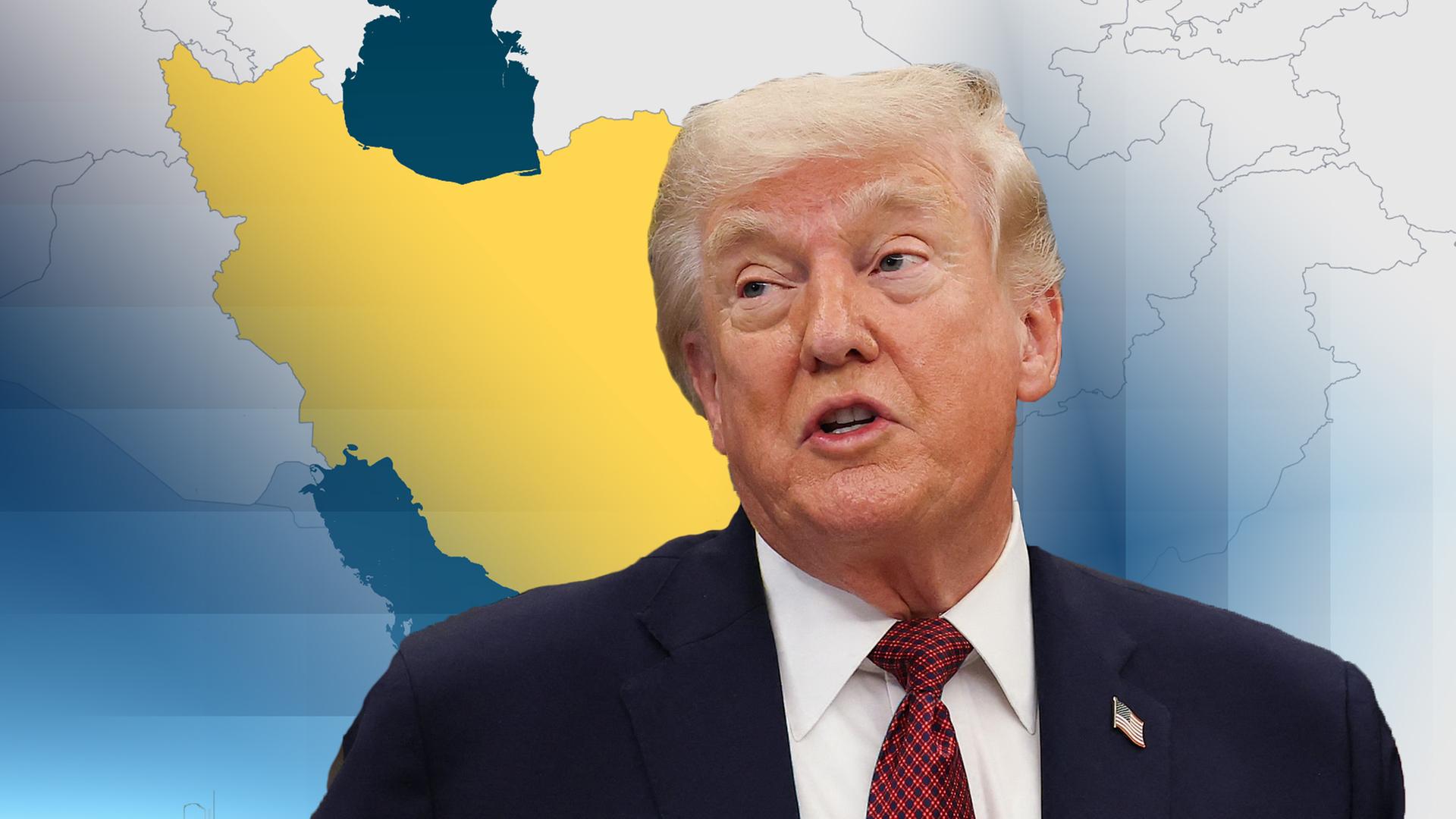 US-präsident Donald trump vor einer Landkarte, in der Iran gelb markiert ist.