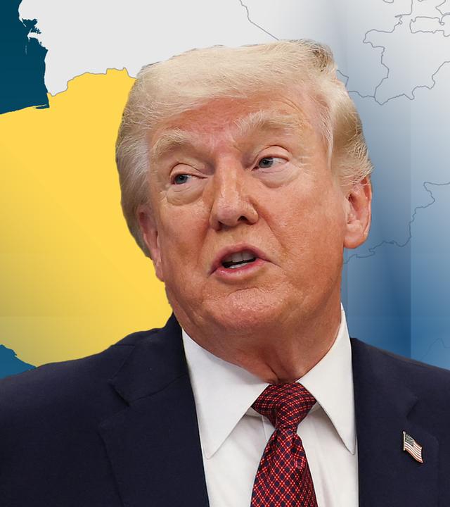 US-präsident Donald trump vor einer Landkarte, in der Iran gelb markiert ist.