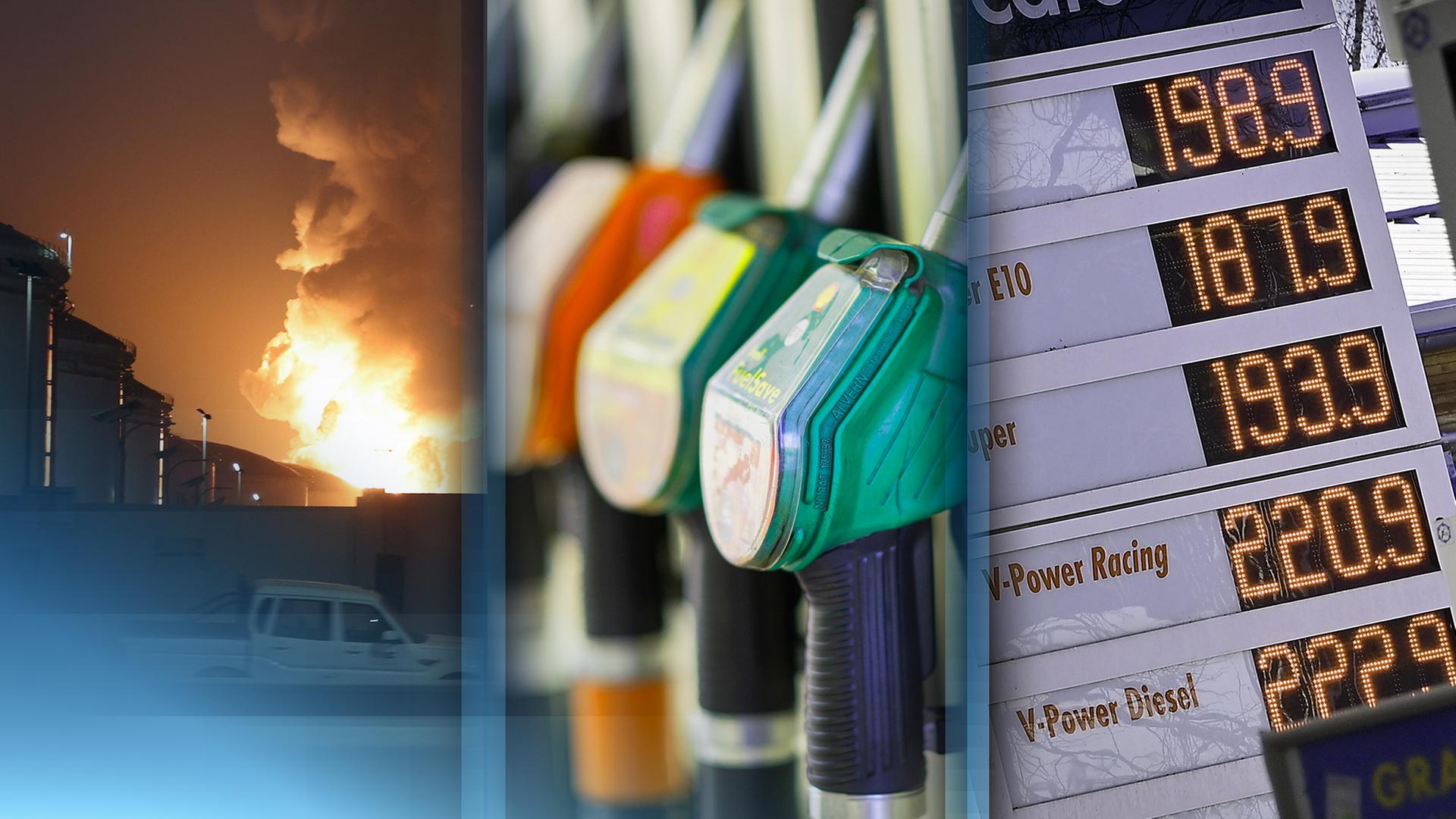 Links eine Explosion auf einem Öllager, in der Mitte Zapfsäulen, rechts ein Symboldbild der Spritpreise