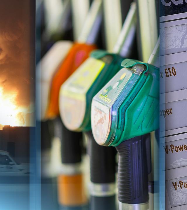 Links eine Explosion auf einem Öllager, in der Mitte Zapfsäulen, rechts ein Symboldbild der Spritpreise