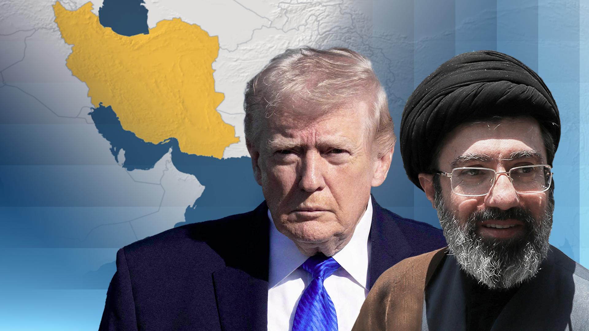 US-Präsident Donald Trump und Irans oberster Führer Chamenei vor einer Landeskarte auf der der Iran farblich hervorgehoben ist.
