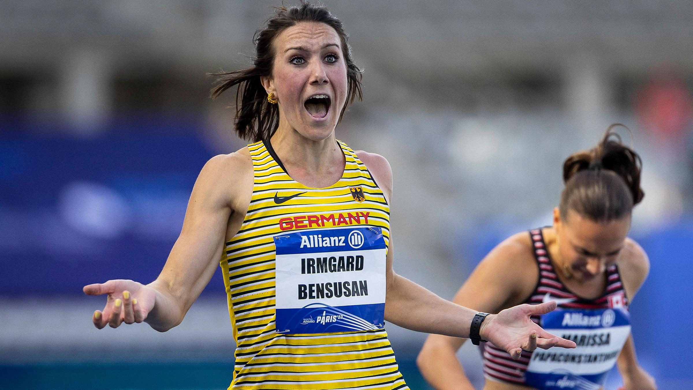 Irmgard Bensusan gewinnt überraschend die 200m während der World Para Athletics Championships am 17.07.2023 im Charlety Stadium in Paris.