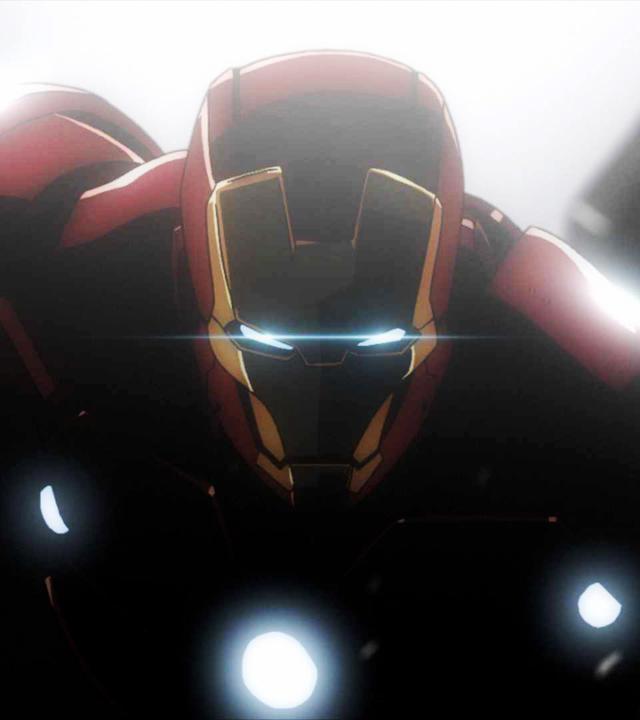 "Iron Man: Rise of Technovore": Nahaufnahme von Iron Man mit blau leuchtenden Augen und einem kreisförmigen Arc-Reaktor auf seiner Brust. Der Hintergrund ist dunkel und unscharf.