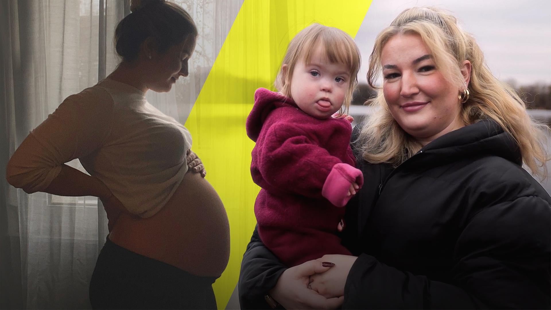 Isabel hält ihre kleine Tochter auf dem Arm. Links im Bild sieht man Isabel in der Schwangerschaft. Sie fasst sich an ihren schwangeren Bauch - ihr Oberteil ist dabei hochgezogen. 