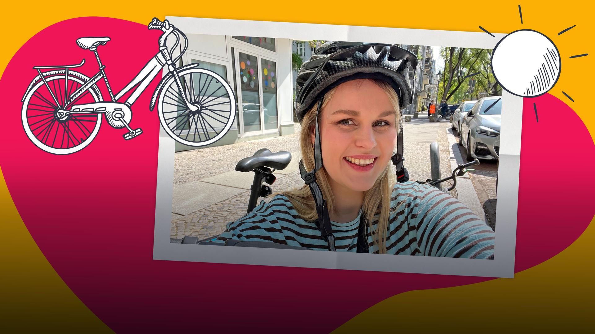 Isabelle mit einem Fahrradhelm und ihrem Farrad auf einer bunten Farbfläche