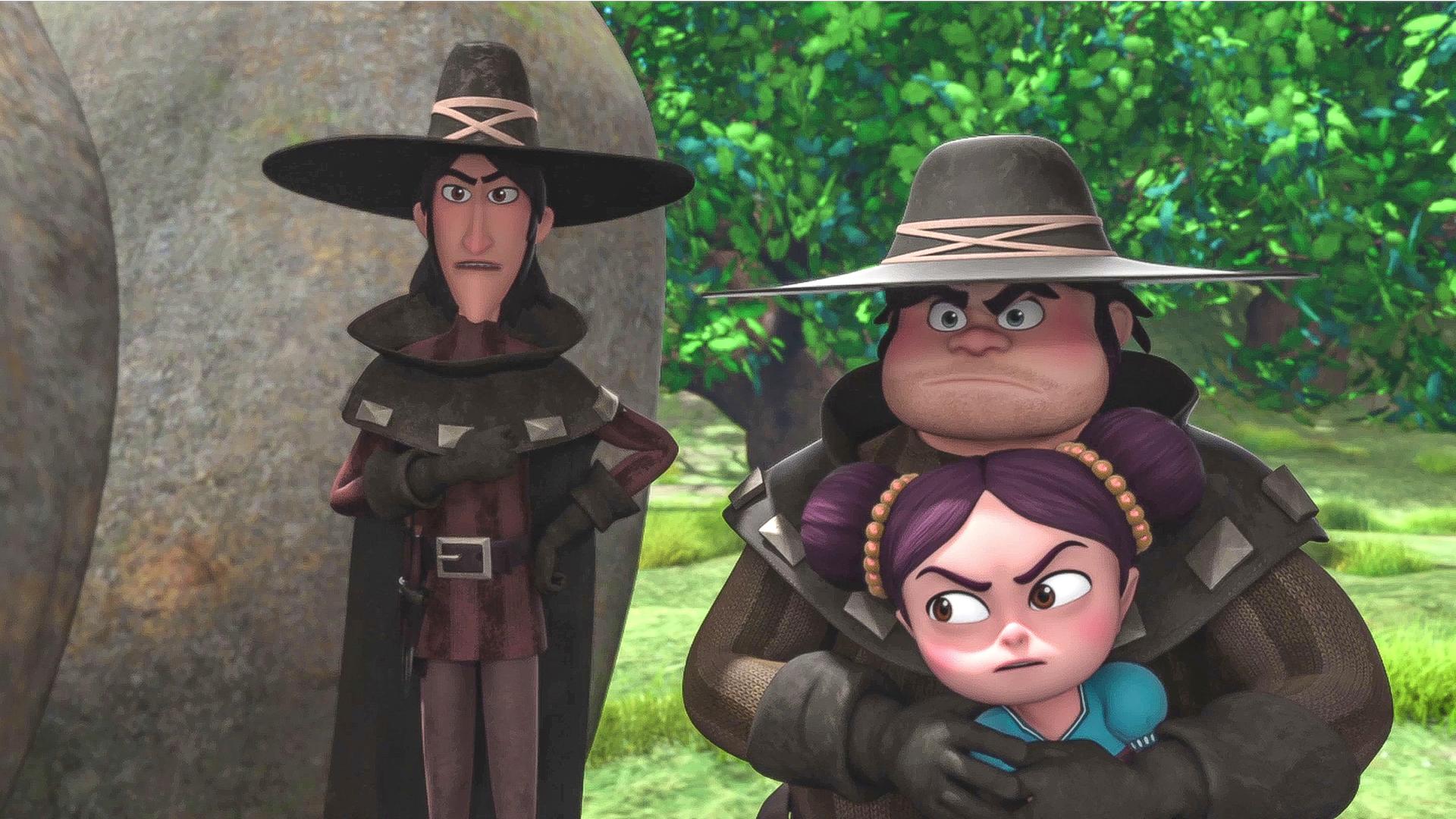 Isabelle wird von einem Banditen festgehalten, der hinter ihr steht. Ein anderer Bandit steht links daneben.