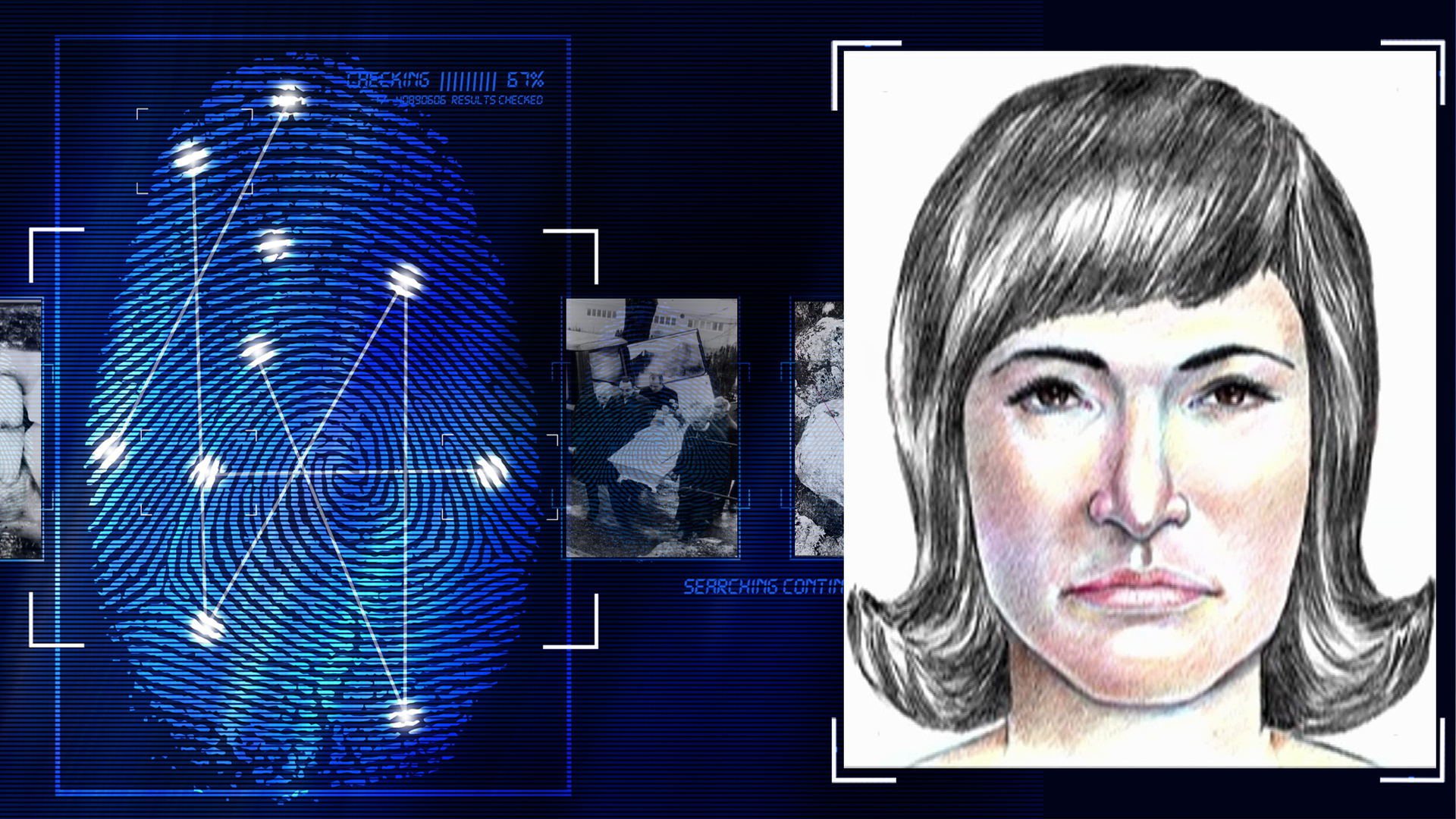 Zeichnung eines Frauengesichts. Die Frau ist mittelalt und hat schulterlanges schwarzes Haar. Links daneben: Lichtschematische Darstellung eines Fingerabdrucks.