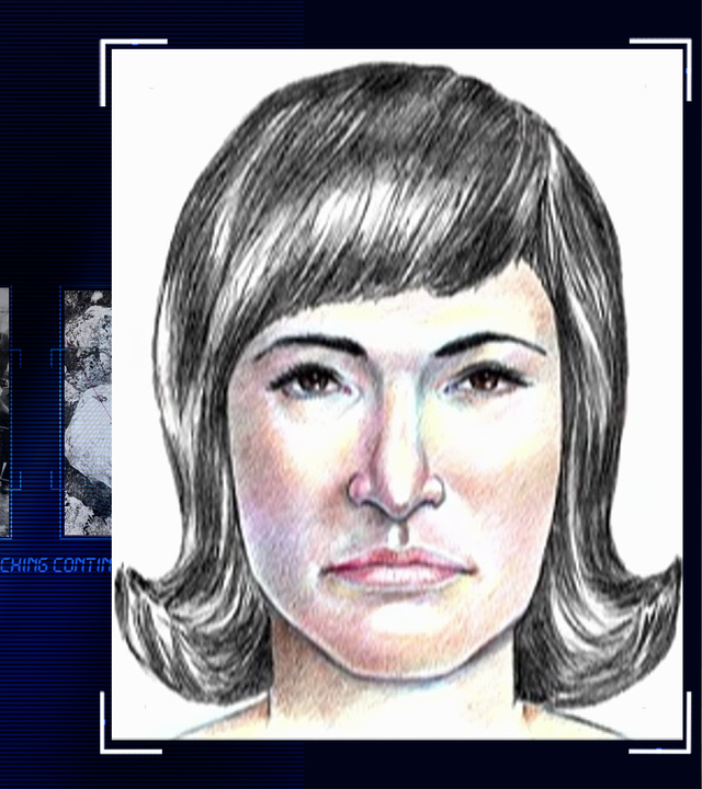 Zeichnung eines Frauengesichts. Die Frau ist mittelalt und hat schulterlanges schwarzes Haar. Links daneben: Lichtschematische Darstellung eines Fingerabdrucks.