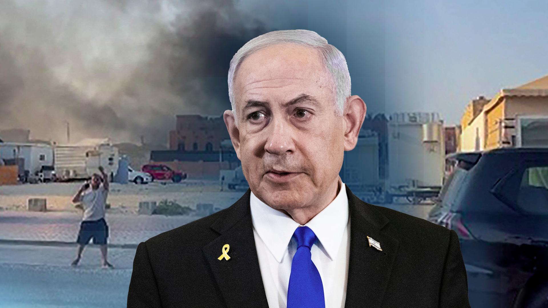 Benjamin Netanjahu vor einer Karte von Katar.