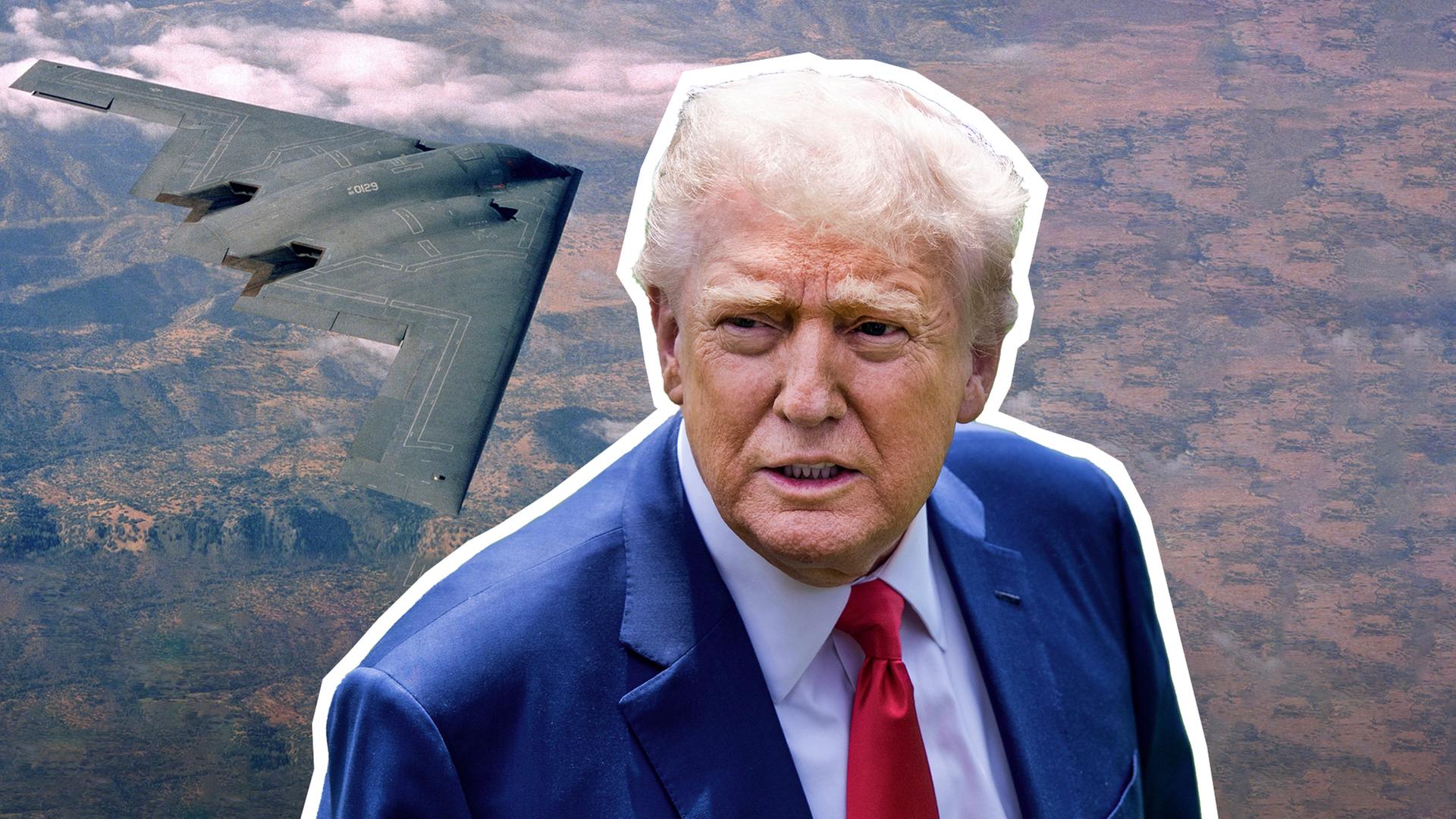 Donald Trump vor einem amerikanischen Militärflugzeug. 
