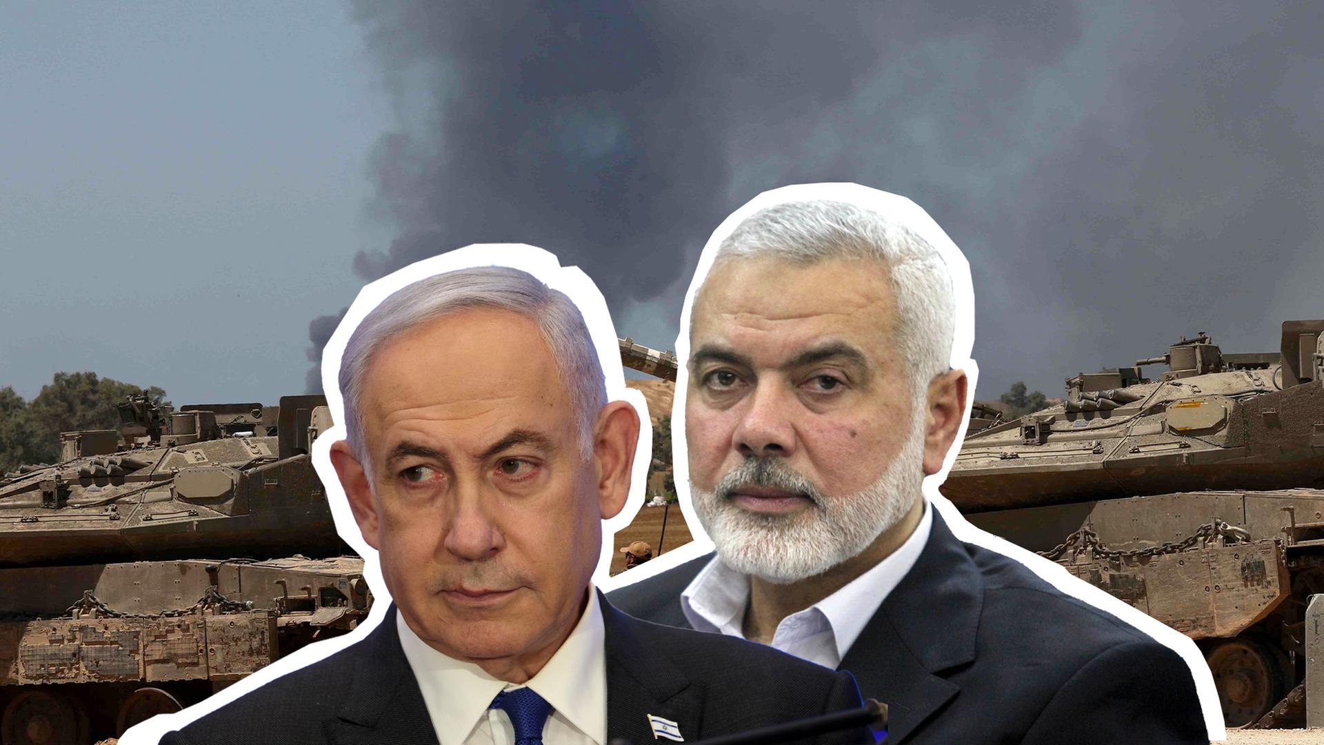 Benjamin Netanjahu, israelischer Ministerpräsident, und  Ismail Hanija, Hamas-Auslandschef, vor isralischen Panzern. 