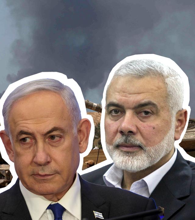 Benjamin Netanjahu, israelischer Ministerpräsident, und  Ismail Hanija, Hamas-Auslandschef, vor isralischen Panzern. 
