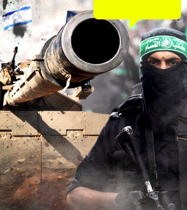 Montage: An der Seite steht ein vermummter Hamas-Kämpfer mit einer Waffe, dahinter ein israelischer Panzer, dessen Geschützrohr seitlich nach vorne zeigt. Im Hintergrund weht eine israelische Fahne und Teile, wie von einer Explosion, fliegen durch die Luft.