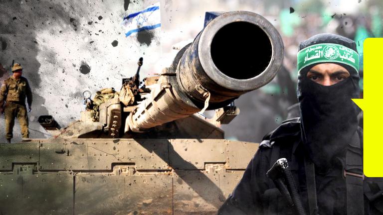 Montage: An der Seite steht ein vermummter Hamas-Kämpfer mit einer Waffe, dahinter ein israelischer Panzer, dessen Geschützrohr seitlich nach vorne zeigt. Im Hintergrund weht eine israelische Fahne und Teile, wie von einer Explosion, fliegen durch die Luft.