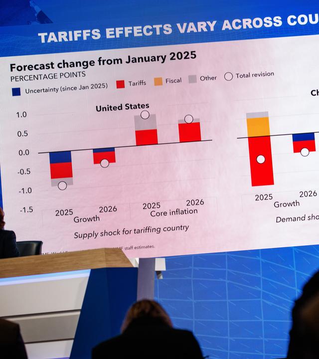 A chart showing the International Monetary Funds predicted effects of tariffs on various countries is shown during a press briefing on the World Economic Outlook on April 22, 2025 in Washington, D.C.