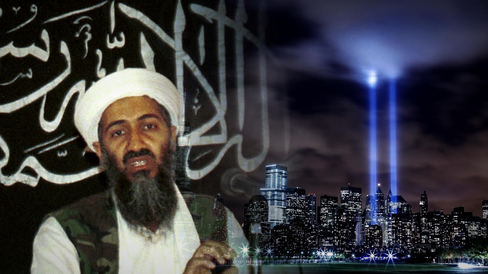  Collage. Osama bin Laden vor dem "schwarzen Banner", rechts eine Illumination der Manhattan Skyline.