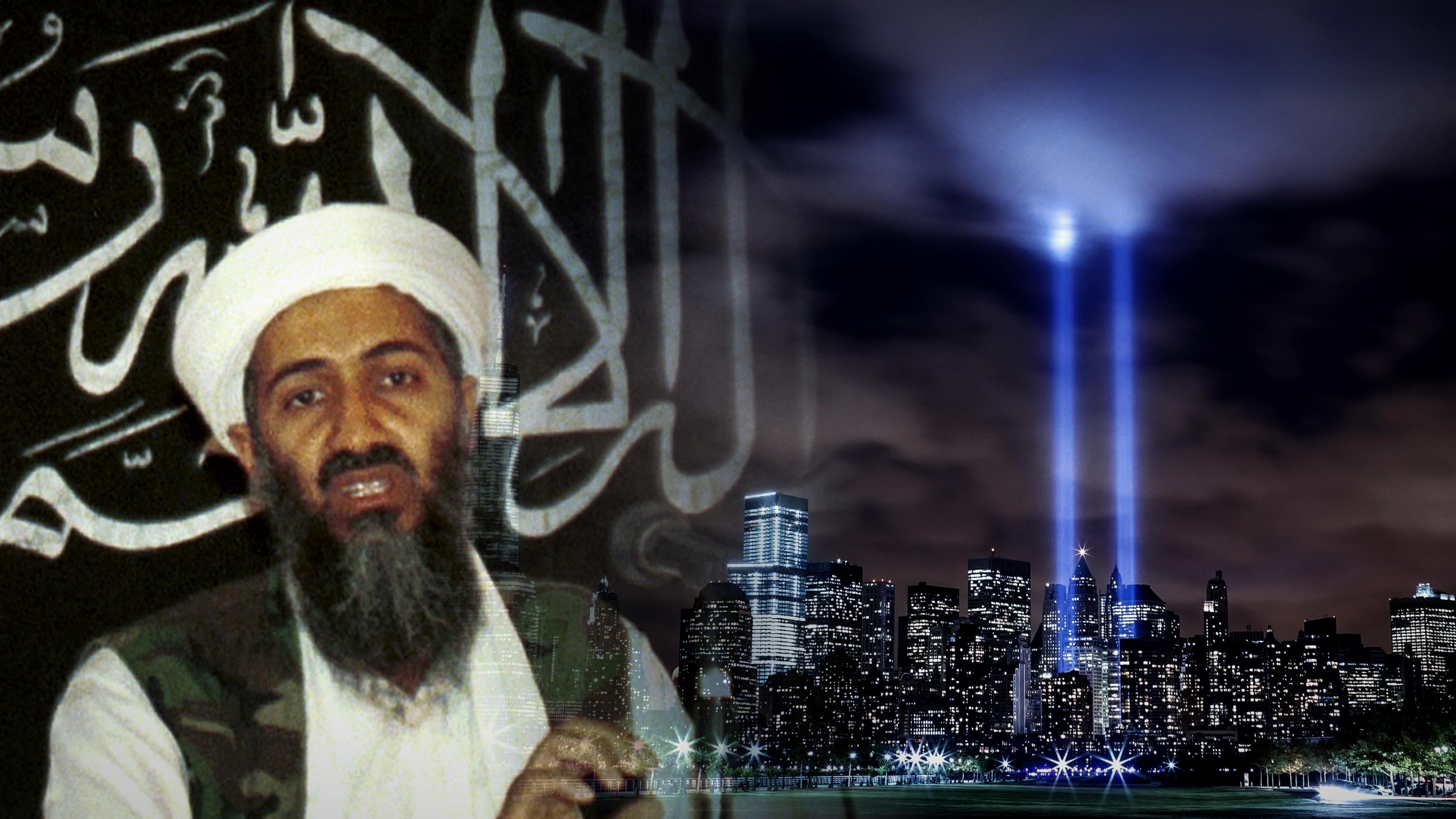  Collage. Osama bin Laden vor dem "schwarzen Banner", rechts eine Illumination der Manhattan Skyline.