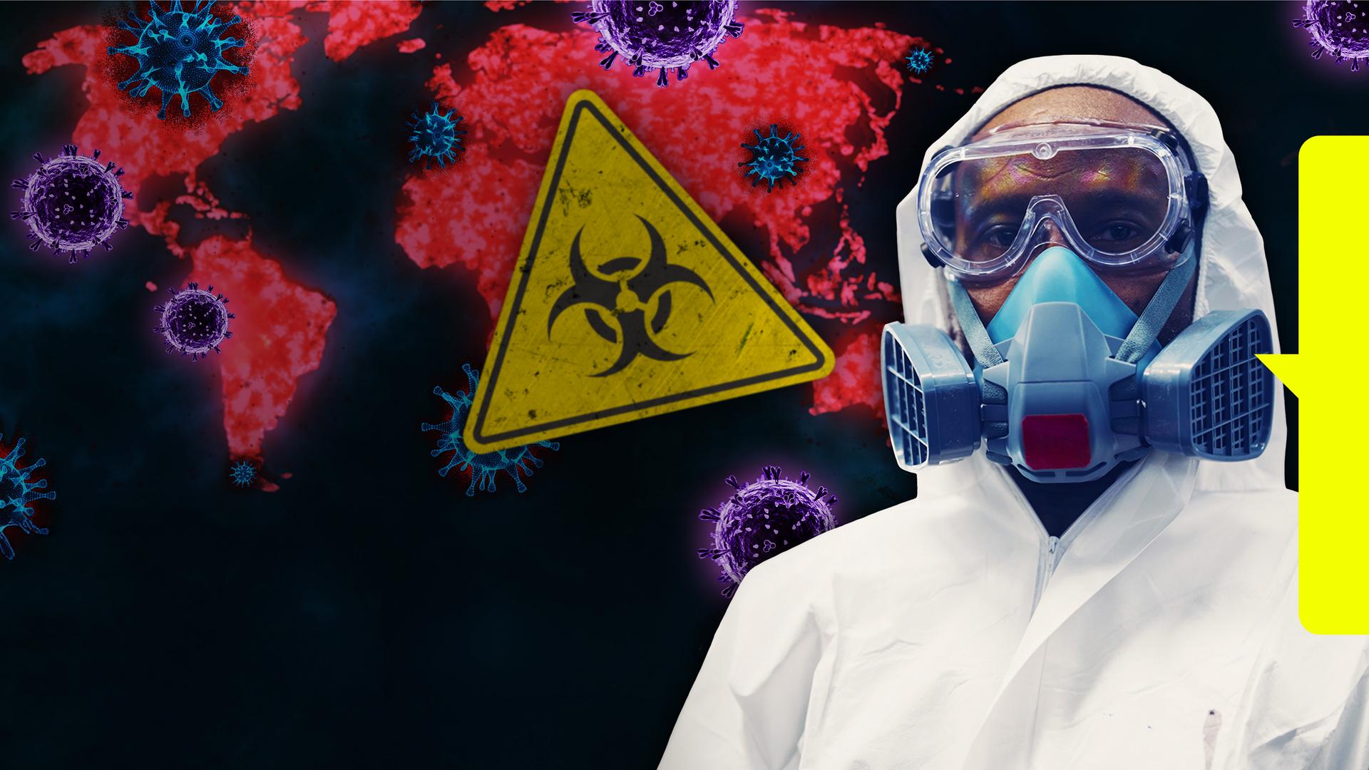 Person in weißem Quarantäne-Anzug mit Weltkarte, Viren und Biohazard-Warnschild im Hintergrund