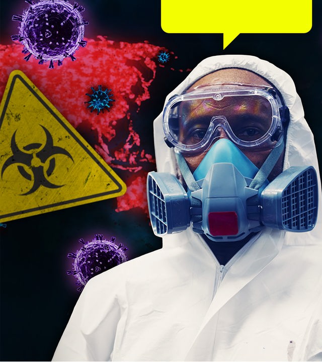 Person in weißem Quarantäne-Anzug mit Weltkarte, Viren und Biohazard-Warnschild im Hintergrund