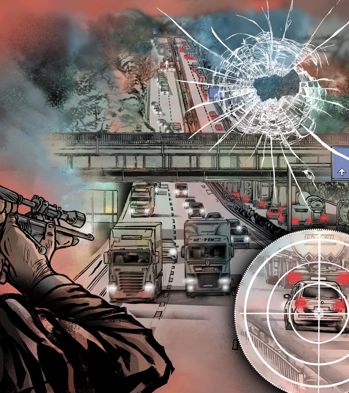 Collagen-Zeichnung zeigt Mann mit Schusswaffe, zielt Richtung LKWs und PKWs, die auf einer angedeuteten Autobahn fahren. Mit im Bild eine Zielscheibe mit Vergrößerung, in der ein PKW zu erkennen ist. Angedeutetes Eischussloch.