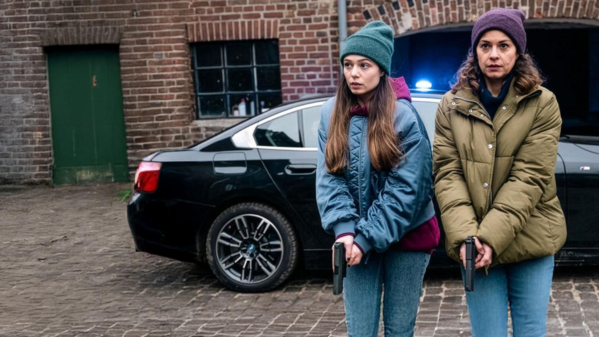 SOKO Köln - Jagdzeit": Amira Mahdi (Aylin Ravanyar) und Lilly Funke (Tatjana Kästel) stehen nebeneinander vor einem schwarzen Auto und halten ihre gezückten Waffen nach unten gerichtet vor den Körper. Amira sieht aufmerksam zur Seite, während Lilly angespannt nach vorne blickt.