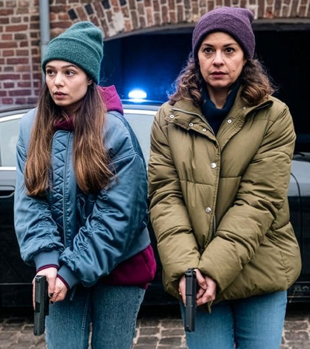 SOKO Köln - Jagdzeit": Amira Mahdi (Aylin Ravanyar) und Lilly Funke (Tatjana Kästel) stehen nebeneinander vor einem schwarzen Auto und halten ihre gezückten Waffen nach unten gerichtet vor den Körper. Amira sieht aufmerksam zur Seite, während Lilly angespannt nach vorne blickt.
