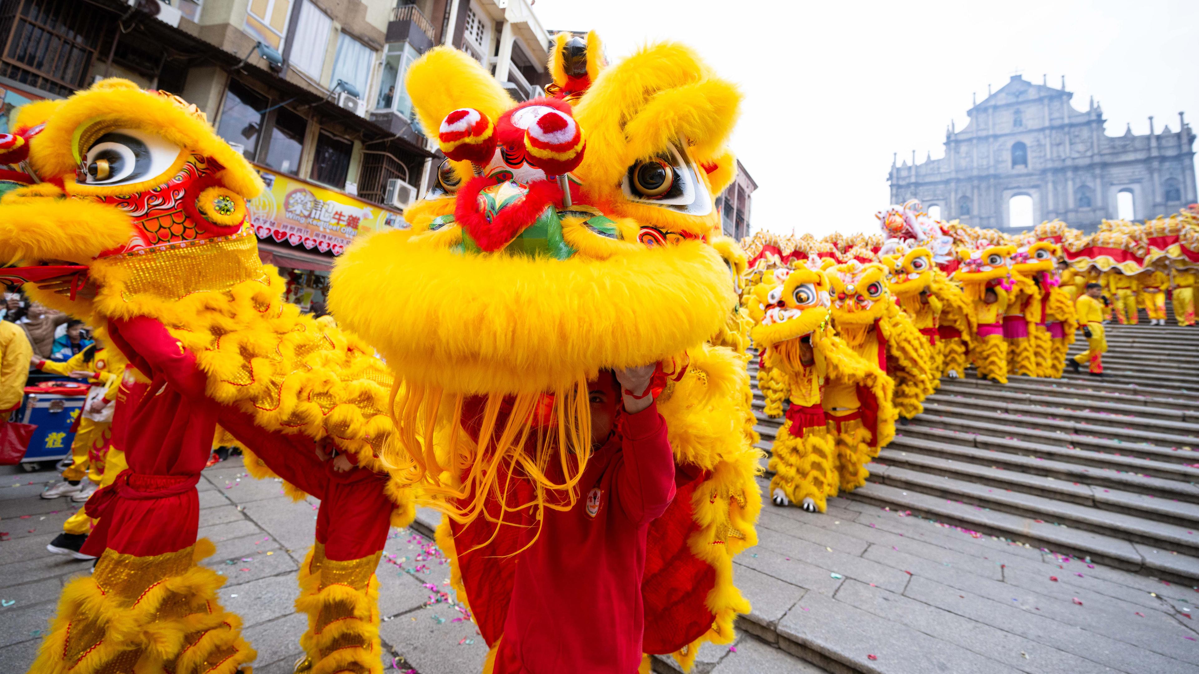 China, St. Paul's: Künstler führen vor den Ruinen von St. Paul einen Löwentanz zur Feier des chinesischen Neujahrsfestes in das Jahr des Drachen auf.