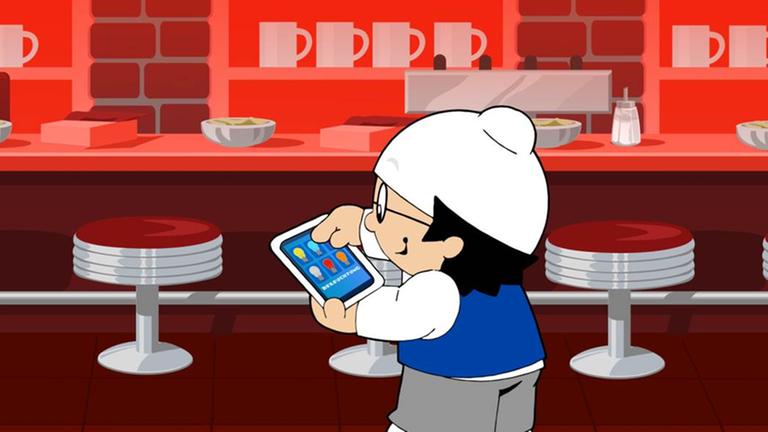 Mainzelmännchen Det mit Smartphone vor einem Kafeebar-Tresen