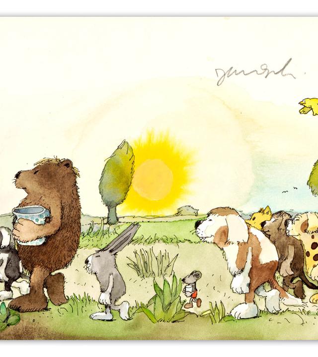 Zeichnung aus Kinderbuch: verschiedene Tiere laufen hintereinander durch eine sommerliche Landschaft.