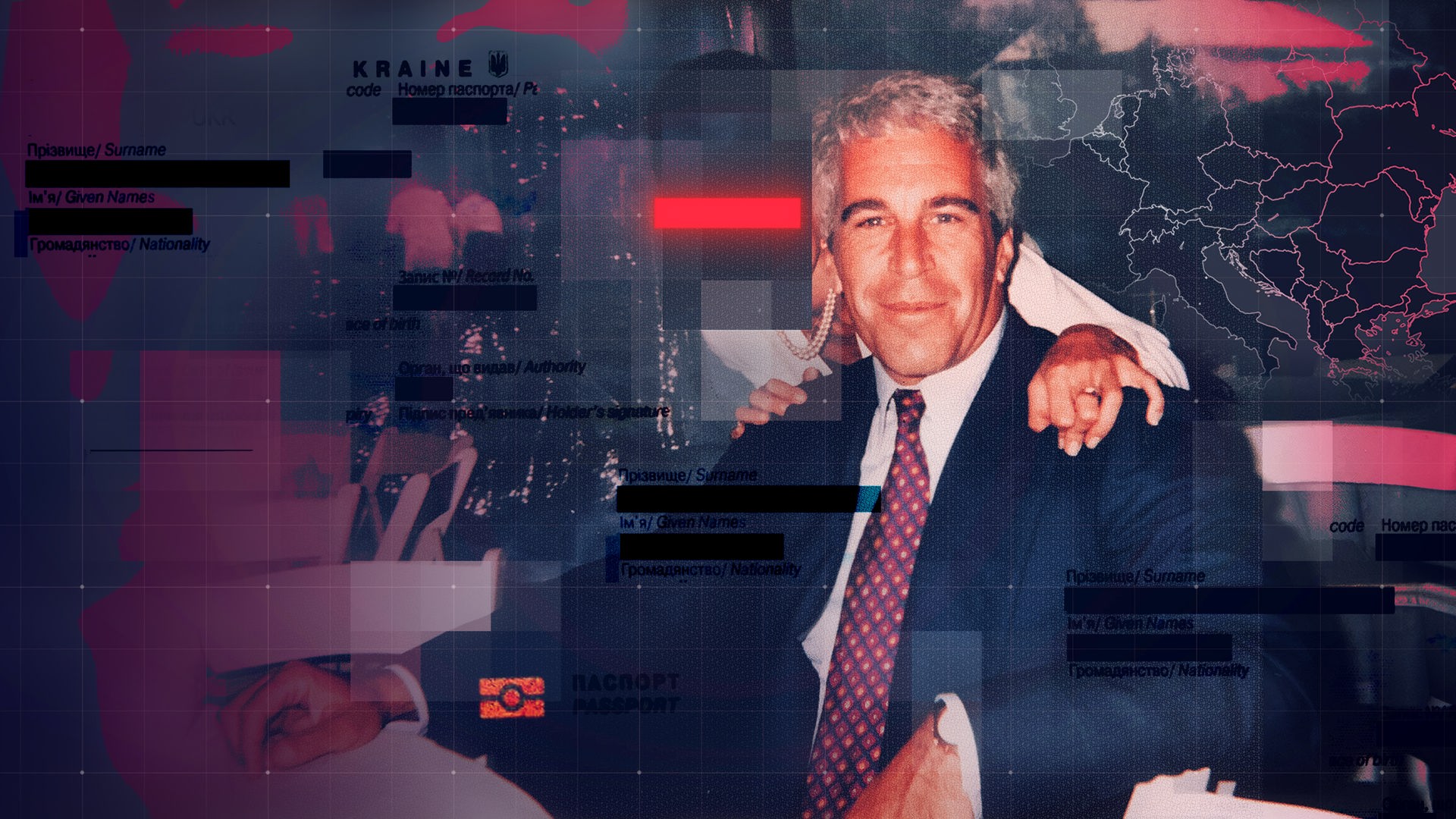 Bildmontage mit Fotos aus der Epstein-Akte: Kopien von anonymisierten Pässen junger osteuropäischer Mädchen und Jeffrey Epstein im Businessanzug mit Blick in die Kamera, der von einer dahinterstehenden ebenfalls anonymisierten Frau umarmt wird