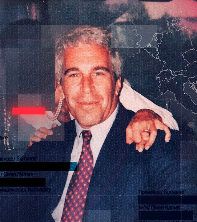 Bildmontage mit Fotos aus der Epstein-Akte: Kopien von anonymisierten Pässen junger osteuropäischer Mädchen und Jeffrey Epstein im Businessanzug mit Blick in die Kamera, der von einer dahinterstehenden ebenfalls anonymisierten Frau umarmt wird