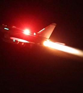 In this image provided by the UK Ministry of Defence taken on Thursday Jan. 11, 2024 shows an RAF Typhoon aircraft taking off from RAF Akrotiri in Cyprus, for a mission to strike targets in Yemen.