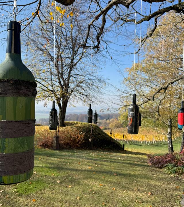 Das Bild zeigt eine ländliche Weinanbauumgebung in Slowenien, wahrscheinlich in der Region Jeruzalem. Im Vordergrund hängt eine große grüne Weinflasche, die teilweise bemalt und mit einem Faden umwickelt ist. Im Hintergrund und an den Ästen eines Baumes hängen mehrere weitere Weinflaschen in verschiedenen Farben, darunter schwarz, rot und blau. Die Flaschen sind gleichmäßig zwischen den Zweigen angeordnet und schwingen sanft im Wind.  Die Umgebung ist von sanften Hügeln und Weinreben umgeben. Der Himmel ist klar und blau, mit wenigen Wolken. In der Ferne sind weitere Weinreben sichtbar, die sich über die Hügel erstrecken. Der Boden ist grün und gepflegt, und der Weg ist gepflastert, der eine ruhige, ländliche Atmosphäre schafft.  Insgesamt vermittelt das Bild eine harmonische Verbindung zwischen Natur und Weinbau, die typisch für diese Region ist.