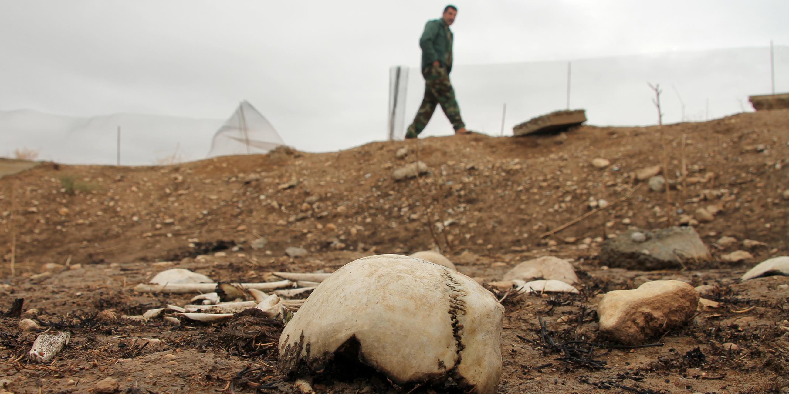 Größtenteils menschliche Knochen liegen auf einem Massengrab nahe des Sindschar-Gebirges. 