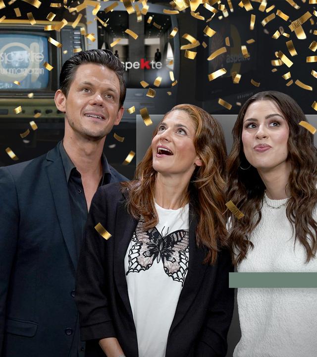 Jo Schück, Katty Salié und Salwa Houmsi feiern 60 Jahre aspekte. Neben den drei ModeratorInnen sind Bildschirme mit aspekte-Logos der Vergangenheit zu sehen, von der Decke fällt Konfetti 