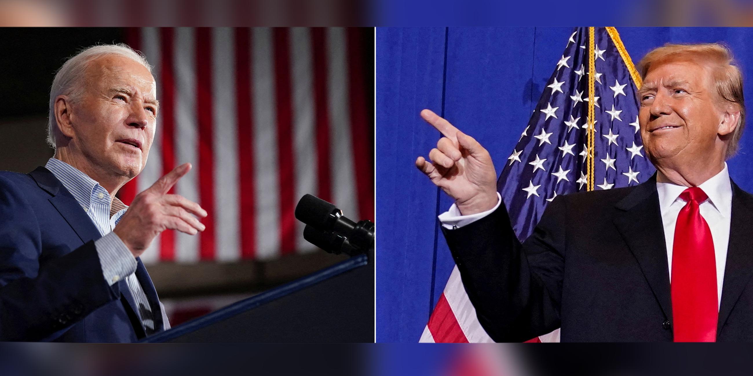 Kombinationsbild: Joe Biden bei einer Rede in Las Vegas, am 19.03.2024, und Donald Trump bei einer Wahlkampfveranstaltung in New Hampshire, am 16.01.2024 zeigt.