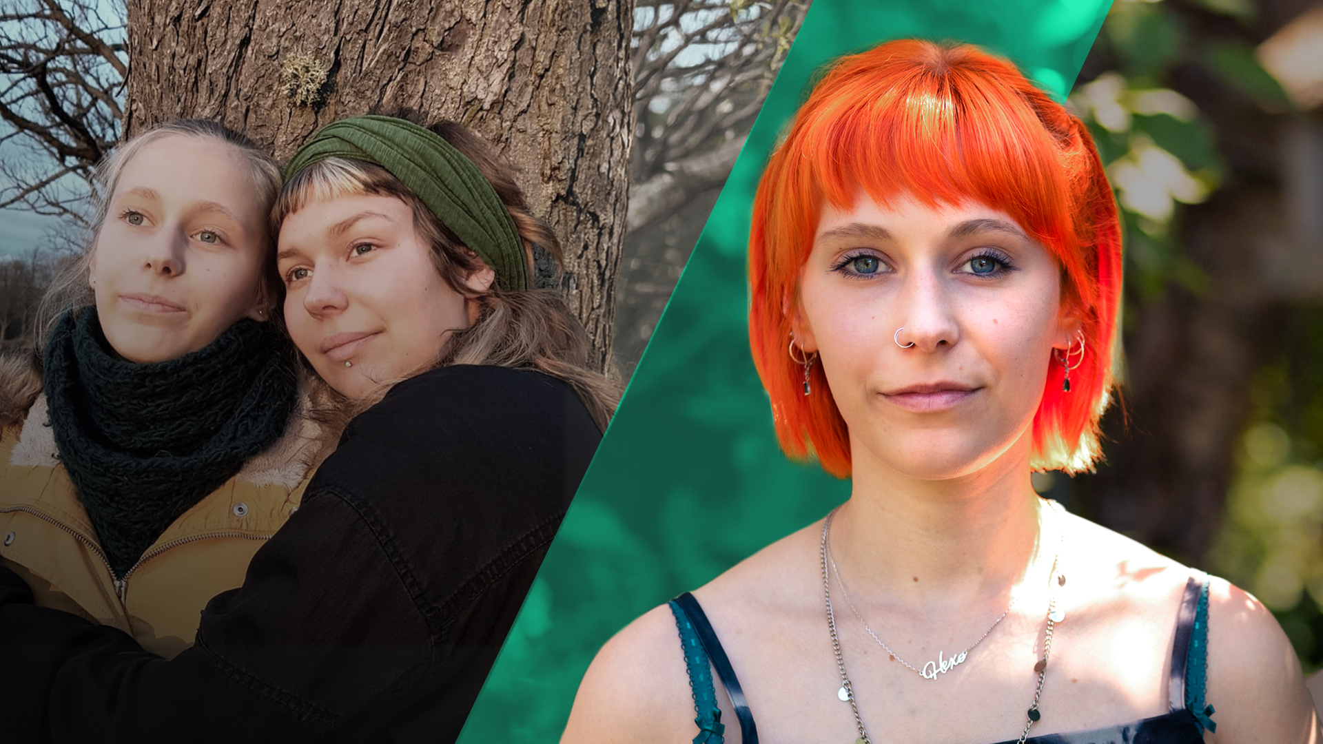 Auf der linken Seite kuschelt Johanna innig mit ihrer Schwester Mia. Auf der rechten Seite schaut sie direkt in die Kamera. Sie trägt einen knallorangenen Kurzhaarschnitt. 