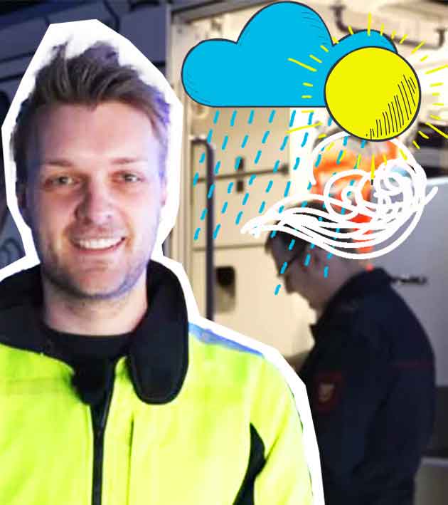 Reporter Johannes mit Sanitätern und Grafiken von Regenwolken, Sonne und Wind.