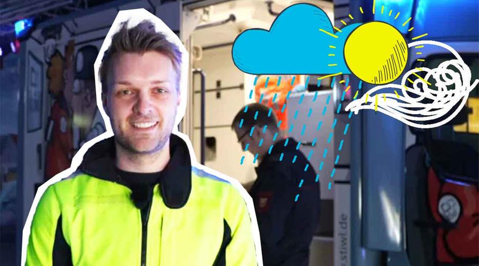 Reporter Johannes mit Sanitätern und Grafiken von Regenwolken, Sonne und Wind.