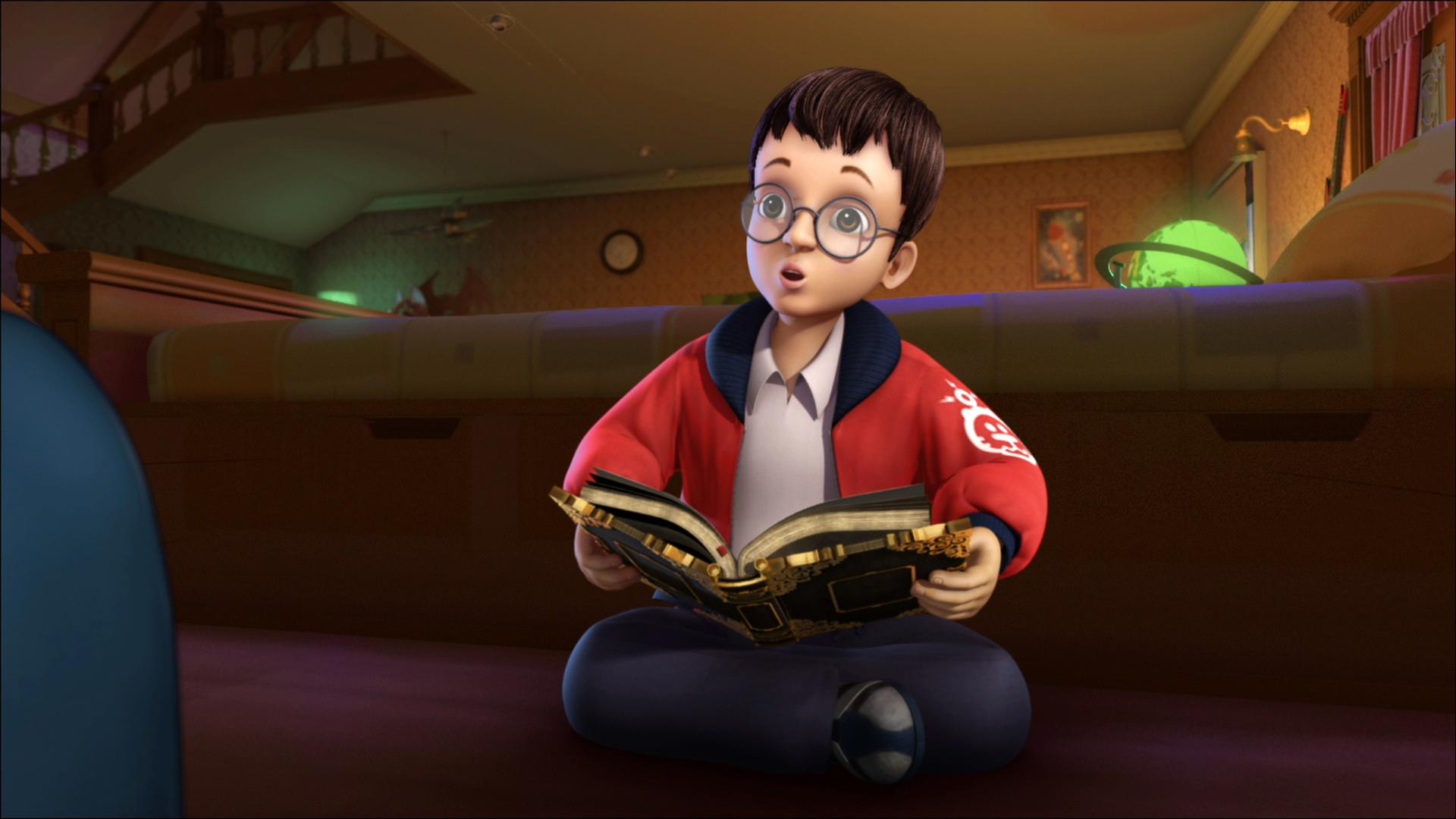 John sitzt auf einem Sofa und liest im verwunschenen Buch.