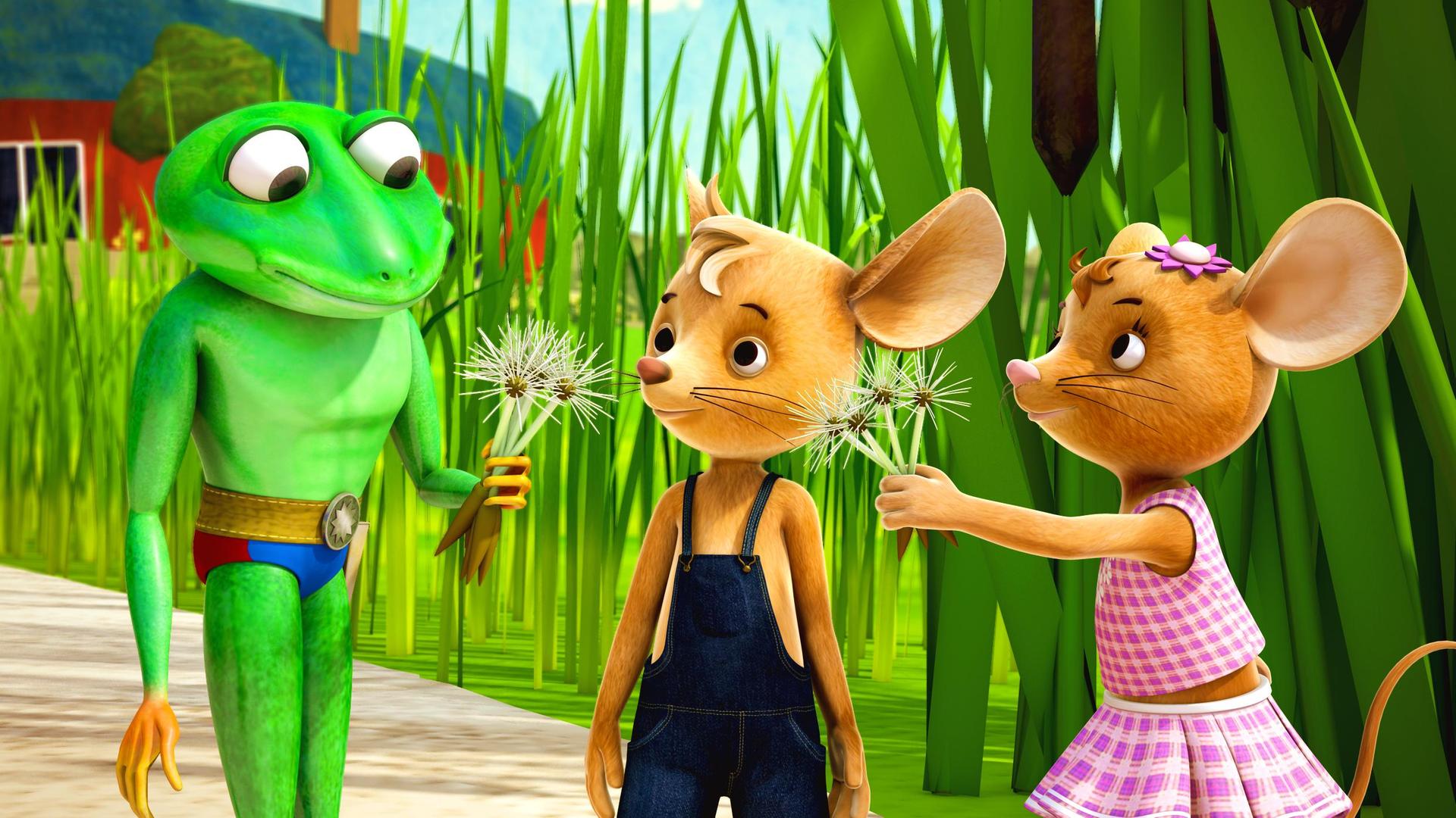 Der Frosch Caruso gibt Jo eine Pusteblume und auch Naya hat Pusteblumen in der Hand.