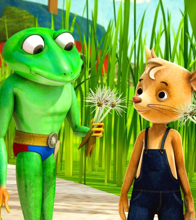 Der Frosch Caruso gibt Jo eine Pusteblume und auch Naya hat Pusteblumen in der Hand.