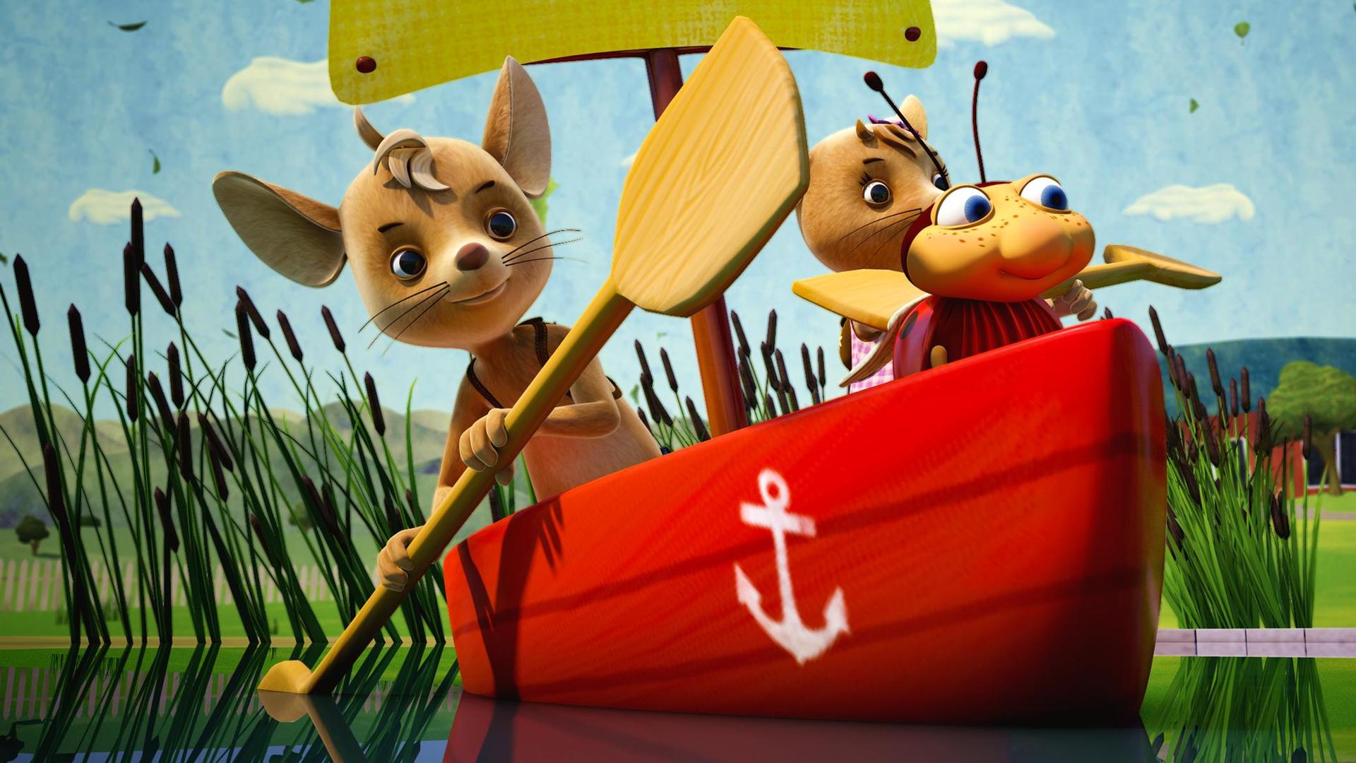 Die drei Freunde machen sich in einem Boot auf die Reise zum Wandertag.