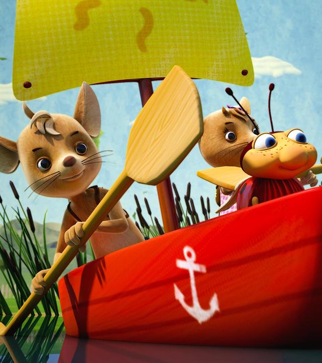 Die drei Freunde machen sich in einem Boot auf die Reise zum Wandertag.