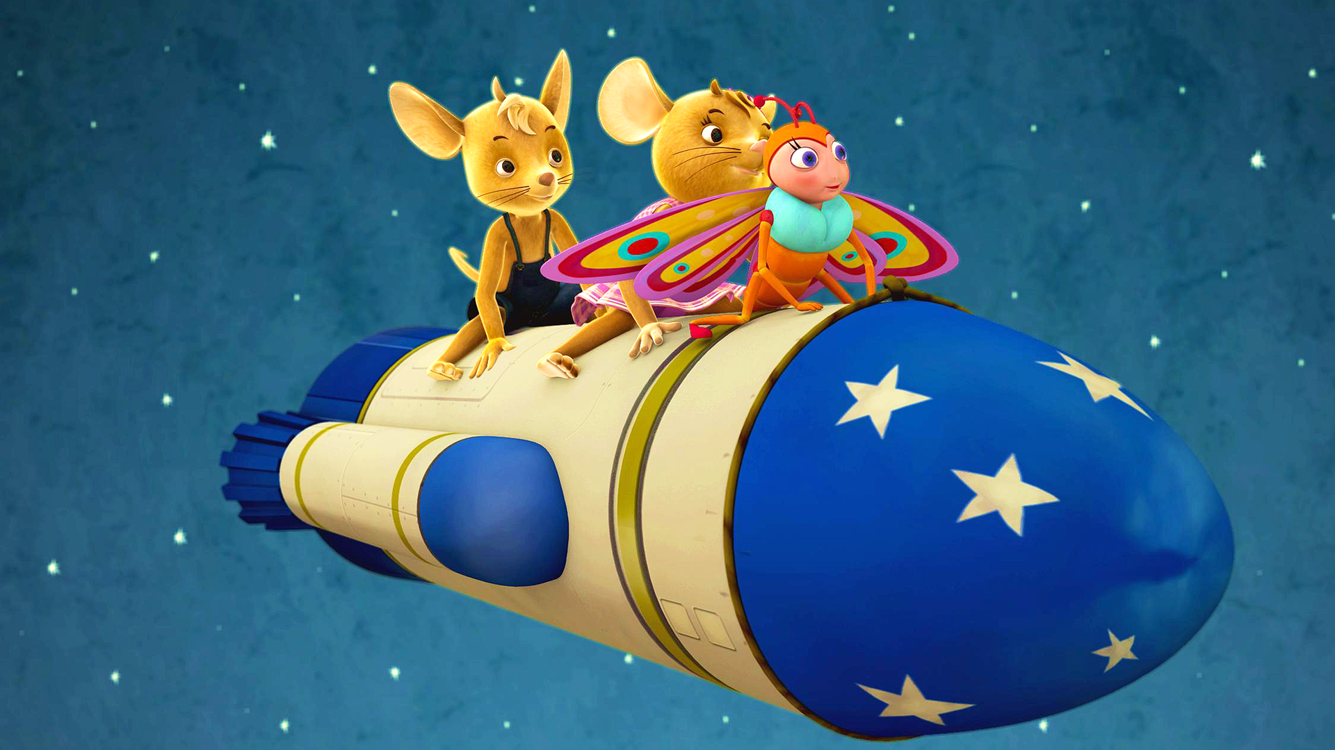 Die drei Freunde fliegen vor einem Sternenhimmel auf einer blaugelben Rakete zum Mond.