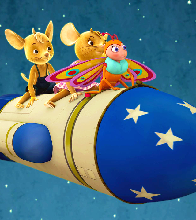 Die drei Freunde fliegen vor einem Sternenhimmel auf einer blaugelben Rakete zum Mond.